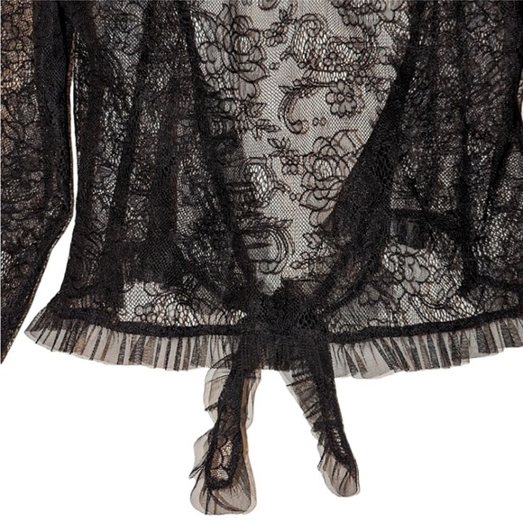 Betsey Johnson Black Lace Bell Sleeve Tulle Front Tie Waist Crop Blouse - Picture 3 of 16